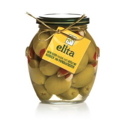 Green Olives Doublestuffed With Almond And Red Natural Pepper