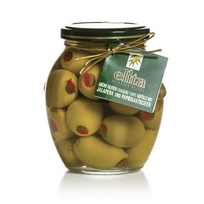 Green Olives Doublestuffed With Red Natural Pepper And Jalapeno